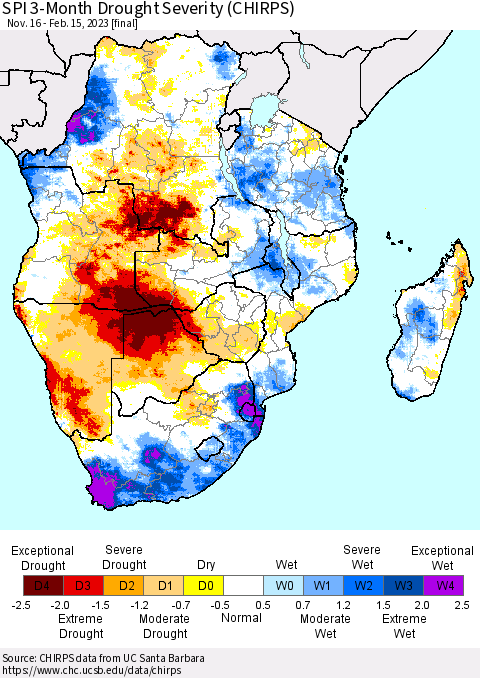 Southern Africa SPI 3-Month Drought Severity (CHIRPS) Thematic Map For 11/16/2022 - 2/15/2023