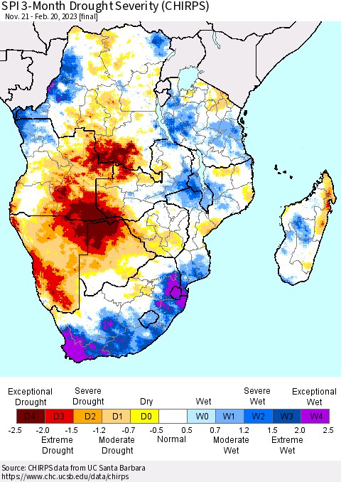 Southern Africa SPI 3-Month Drought Severity (CHIRPS) Thematic Map For 11/21/2022 - 2/20/2023