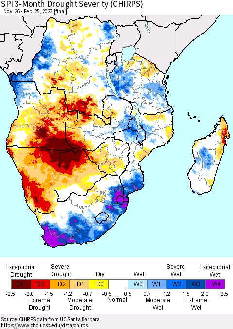 Southern Africa SPI 3-Month Drought Severity (CHIRPS) Thematic Map For 11/26/2022 - 2/25/2023