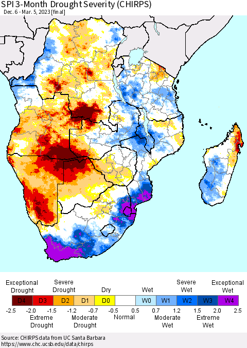 Southern Africa SPI 3-Month Drought Severity (CHIRPS) Thematic Map For 12/6/2022 - 3/5/2023