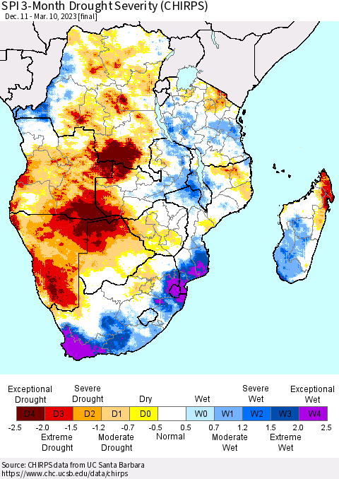 Southern Africa SPI 3-Month Drought Severity (CHIRPS) Thematic Map For 12/11/2022 - 3/10/2023
