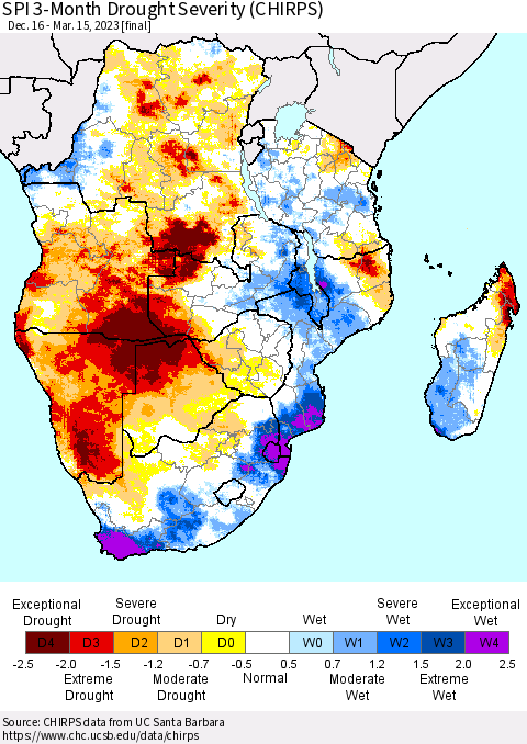 Southern Africa SPI 3-Month Drought Severity (CHIRPS) Thematic Map For 12/16/2022 - 3/15/2023