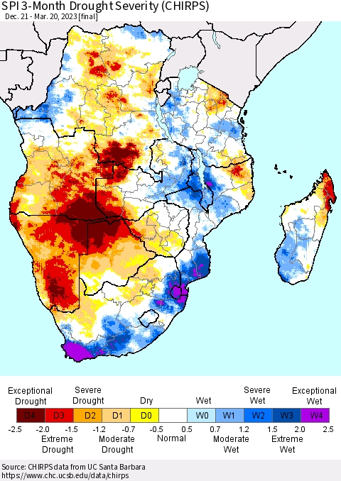 Southern Africa SPI 3-Month Drought Severity (CHIRPS) Thematic Map For 12/21/2022 - 3/20/2023
