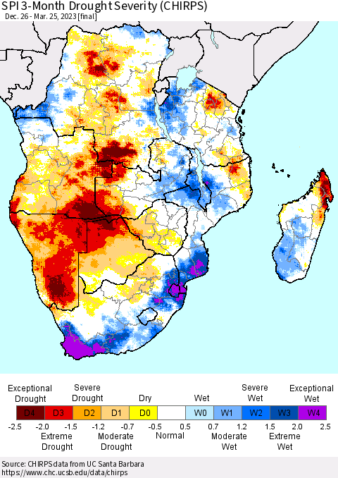Southern Africa SPI 3-Month Drought Severity (CHIRPS) Thematic Map For 12/26/2022 - 3/25/2023