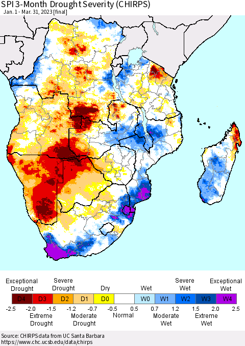 Southern Africa SPI 3-Month Drought Severity (CHIRPS) Thematic Map For 1/1/2023 - 3/31/2023