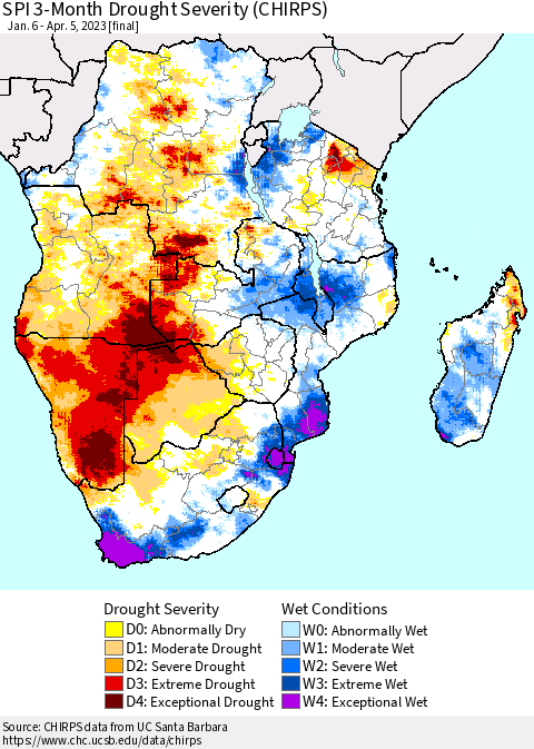 Southern Africa SPI 3-Month Drought Severity (CHIRPS) Thematic Map For 1/6/2023 - 4/5/2023