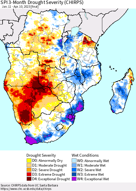 Southern Africa SPI 3-Month Drought Severity (CHIRPS) Thematic Map For 1/11/2023 - 4/10/2023
