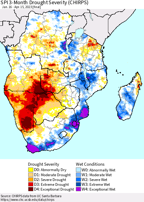 Southern Africa SPI 3-Month Drought Severity (CHIRPS) Thematic Map For 1/16/2023 - 4/15/2023