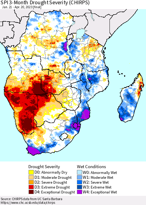 Southern Africa SPI 3-Month Drought Severity (CHIRPS) Thematic Map For 1/21/2023 - 4/20/2023