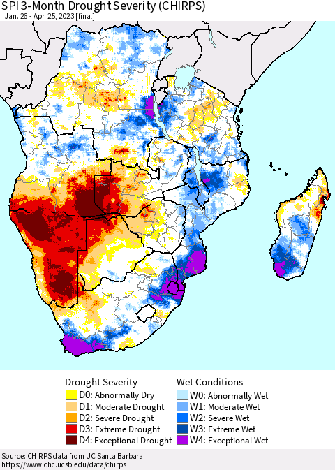 Southern Africa SPI 3-Month Drought Severity (CHIRPS) Thematic Map For 1/26/2023 - 4/25/2023