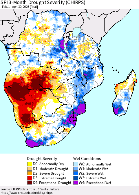 Southern Africa SPI 3-Month Drought Severity (CHIRPS) Thematic Map For 2/1/2023 - 4/30/2023