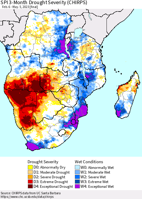 Southern Africa SPI 3-Month Drought Severity (CHIRPS) Thematic Map For 2/6/2023 - 5/5/2023