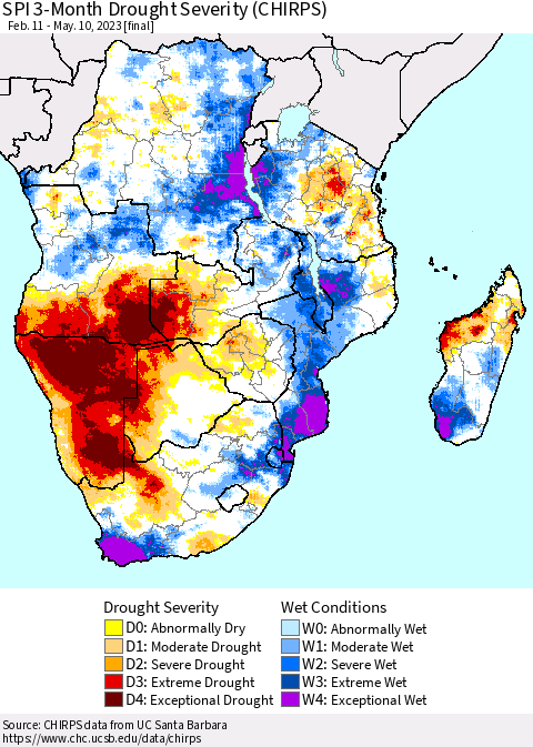 Southern Africa SPI 3-Month Drought Severity (CHIRPS) Thematic Map For 2/11/2023 - 5/10/2023