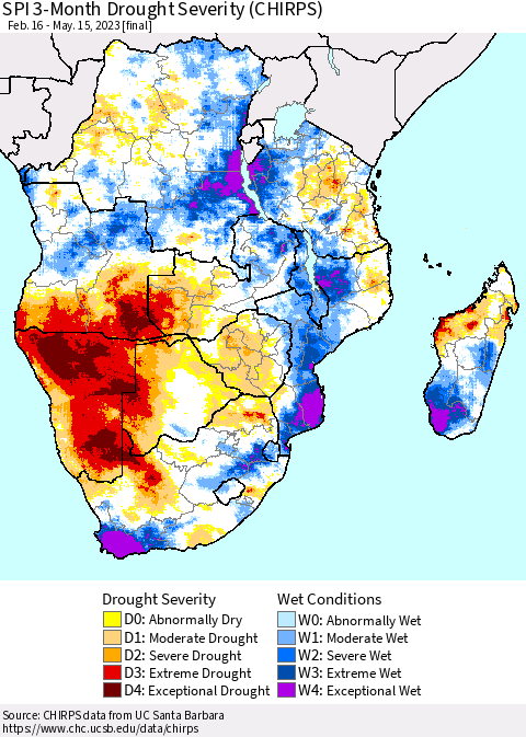 Southern Africa SPI 3-Month Drought Severity (CHIRPS) Thematic Map For 2/16/2023 - 5/15/2023