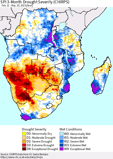Southern Africa SPI 3-Month Drought Severity (CHIRPS) Thematic Map For 2/21/2023 - 5/20/2023
