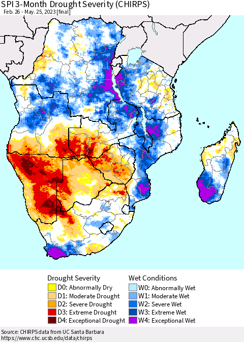 Southern Africa SPI 3-Month Drought Severity (CHIRPS) Thematic Map For 2/26/2023 - 5/25/2023