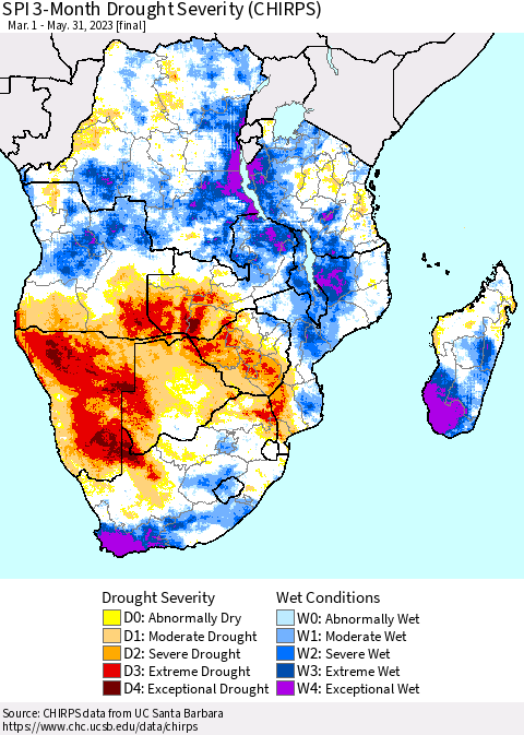 Southern Africa SPI 3-Month Drought Severity (CHIRPS) Thematic Map For 3/1/2023 - 5/31/2023
