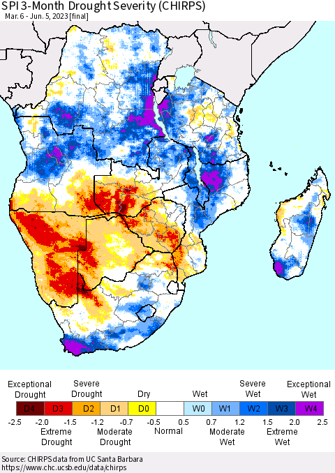 Southern Africa SPI 3-Month Drought Severity (CHIRPS) Thematic Map For 3/6/2023 - 6/5/2023