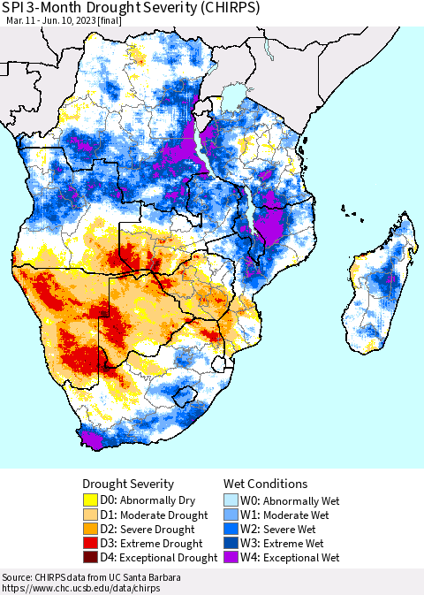 Southern Africa SPI 3-Month Drought Severity (CHIRPS) Thematic Map For 3/11/2023 - 6/10/2023