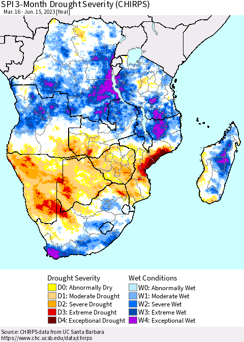 Southern Africa SPI 3-Month Drought Severity (CHIRPS) Thematic Map For 3/16/2023 - 6/15/2023