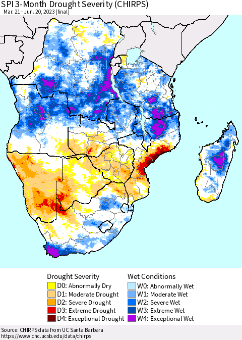 Southern Africa SPI 3-Month Drought Severity (CHIRPS) Thematic Map For 3/21/2023 - 6/20/2023
