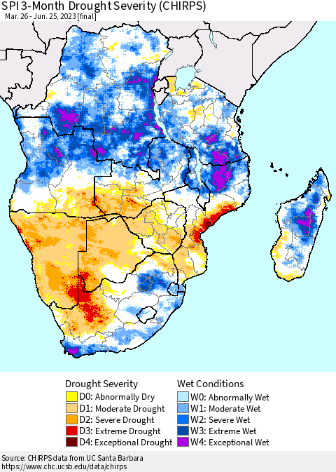 Southern Africa SPI 3-Month Drought Severity (CHIRPS) Thematic Map For 3/26/2023 - 6/25/2023