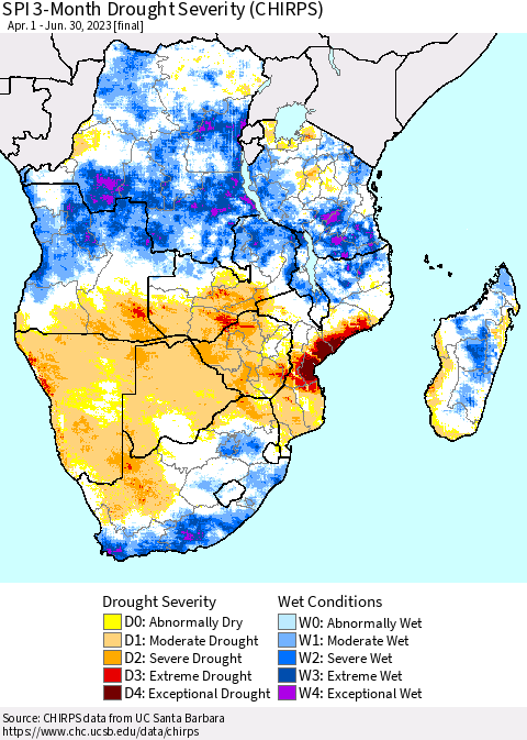 Southern Africa SPI 3-Month Drought Severity (CHIRPS) Thematic Map For 4/1/2023 - 6/30/2023