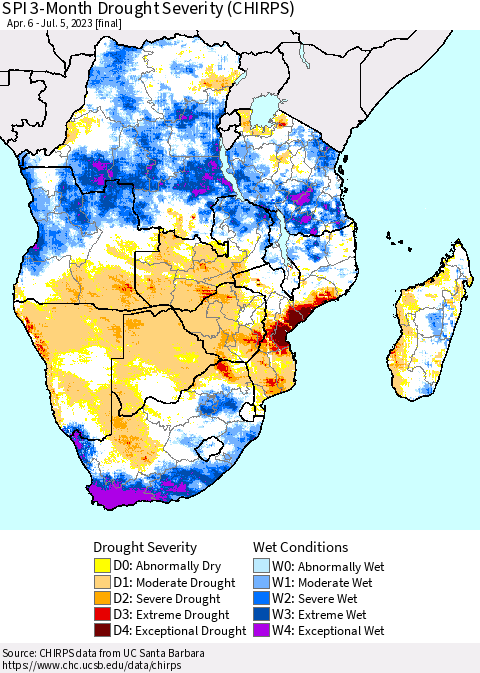 Southern Africa SPI 3-Month Drought Severity (CHIRPS) Thematic Map For 4/6/2023 - 7/5/2023