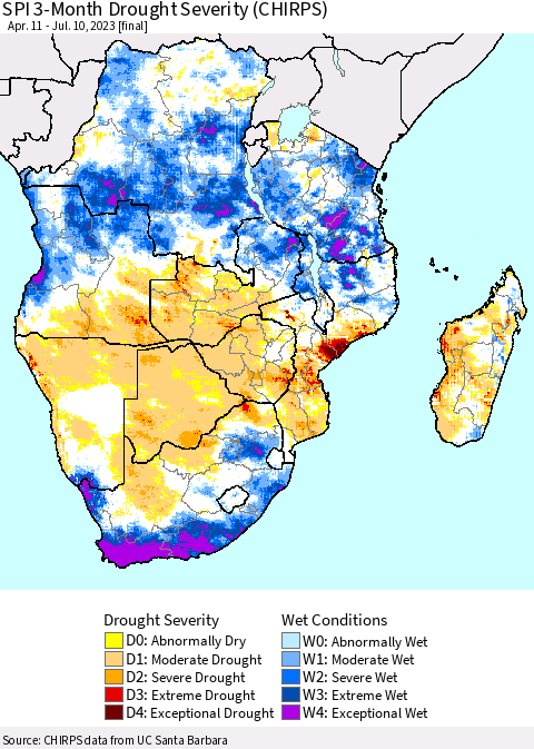 Southern Africa SPI 3-Month Drought Severity (CHIRPS) Thematic Map For 4/11/2023 - 7/10/2023