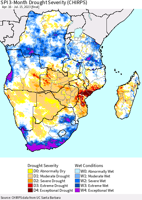 Southern Africa SPI 3-Month Drought Severity (CHIRPS) Thematic Map For 4/16/2023 - 7/15/2023