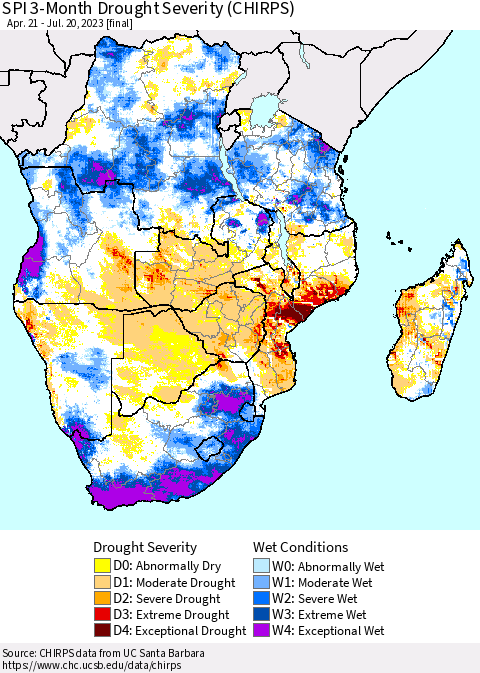 Southern Africa SPI 3-Month Drought Severity (CHIRPS) Thematic Map For 4/21/2023 - 7/20/2023
