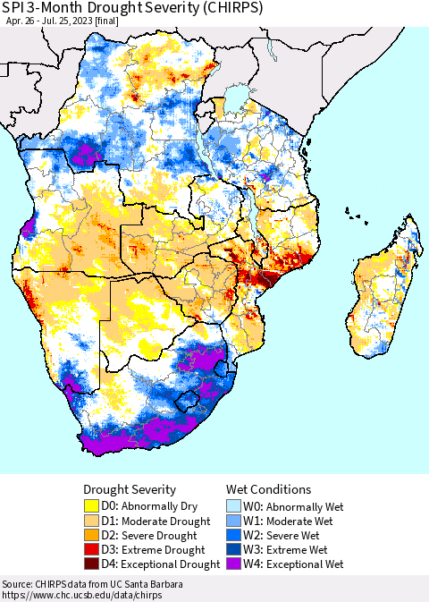 Southern Africa SPI 3-Month Drought Severity (CHIRPS) Thematic Map For 4/26/2023 - 7/25/2023