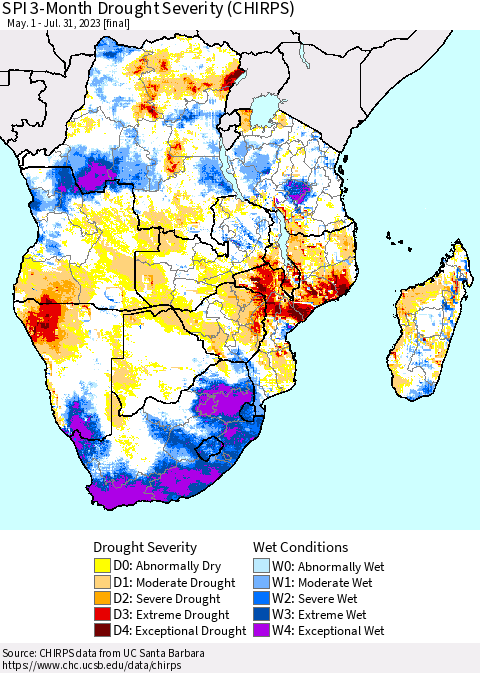Southern Africa SPI 3-Month Drought Severity (CHIRPS) Thematic Map For 5/1/2023 - 7/31/2023