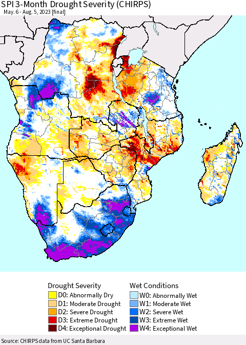 Southern Africa SPI 3-Month Drought Severity (CHIRPS) Thematic Map For 5/6/2023 - 8/5/2023