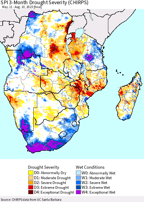 Southern Africa SPI 3-Month Drought Severity (CHIRPS) Thematic Map For 5/11/2023 - 8/10/2023