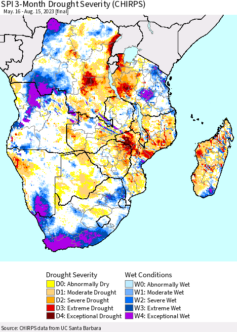 Southern Africa SPI 3-Month Drought Severity (CHIRPS) Thematic Map For 5/16/2023 - 8/15/2023