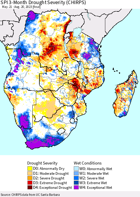 Southern Africa SPI 3-Month Drought Severity (CHIRPS) Thematic Map For 5/21/2023 - 8/20/2023