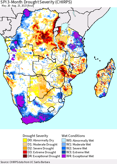 Southern Africa SPI 3-Month Drought Severity (CHIRPS) Thematic Map For 5/26/2023 - 8/25/2023