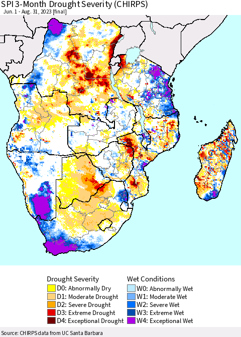 Southern Africa SPI 3-Month Drought Severity (CHIRPS) Thematic Map For 6/1/2023 - 8/31/2023
