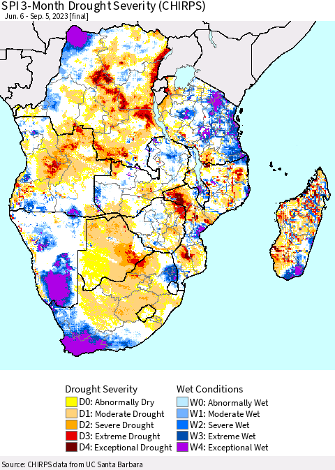 Southern Africa SPI 3-Month Drought Severity (CHIRPS) Thematic Map For 6/6/2023 - 9/5/2023