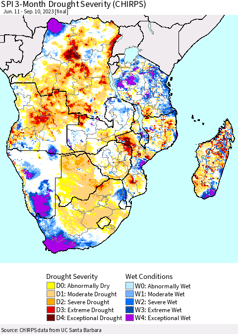 Southern Africa SPI 3-Month Drought Severity (CHIRPS) Thematic Map For 6/11/2023 - 9/10/2023