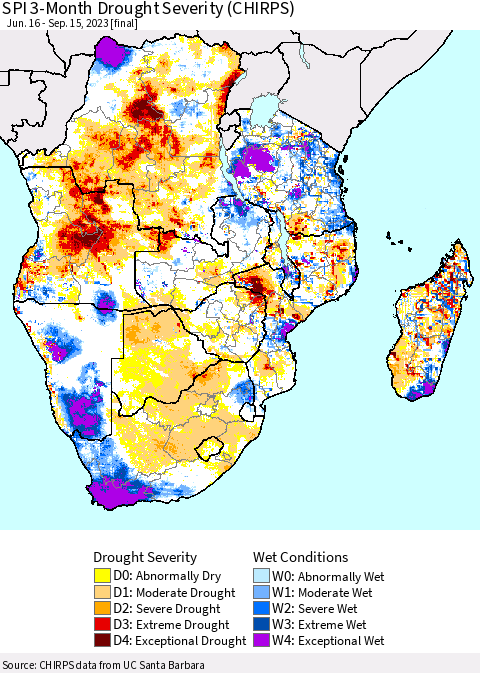 Southern Africa SPI 3-Month Drought Severity (CHIRPS) Thematic Map For 6/16/2023 - 9/15/2023