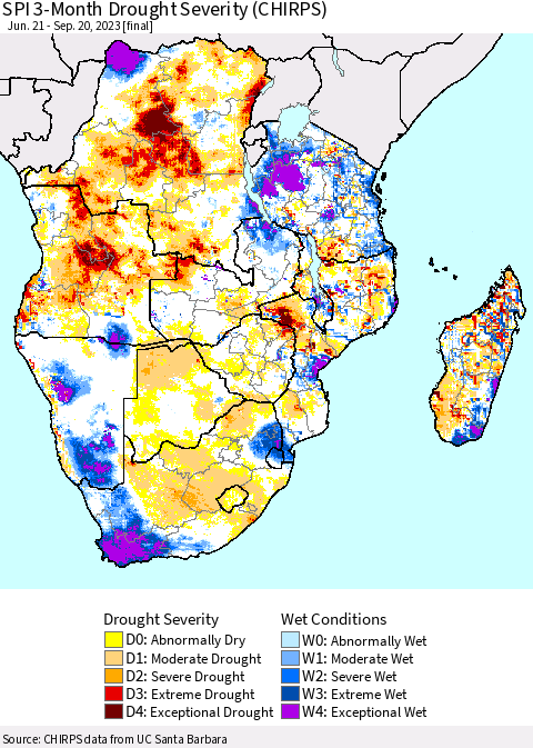 Southern Africa SPI 3-Month Drought Severity (CHIRPS) Thematic Map For 6/21/2023 - 9/20/2023