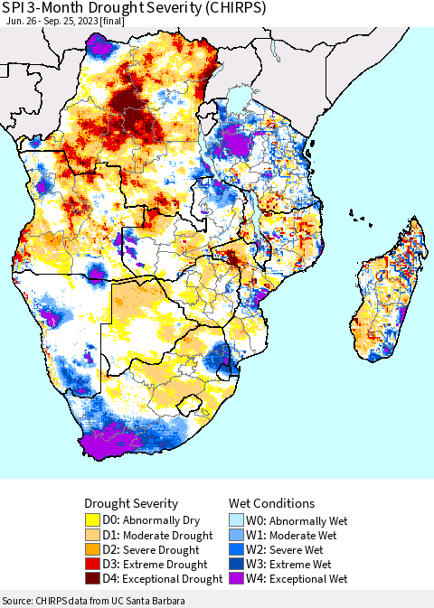 Southern Africa SPI 3-Month Drought Severity (CHIRPS) Thematic Map For 6/26/2023 - 9/25/2023