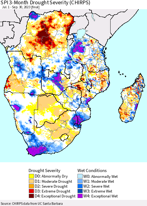 Southern Africa SPI 3-Month Drought Severity (CHIRPS) Thematic Map For 7/1/2023 - 9/30/2023