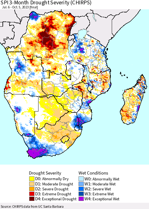 Southern Africa SPI 3-Month Drought Severity (CHIRPS) Thematic Map For 7/6/2023 - 10/5/2023