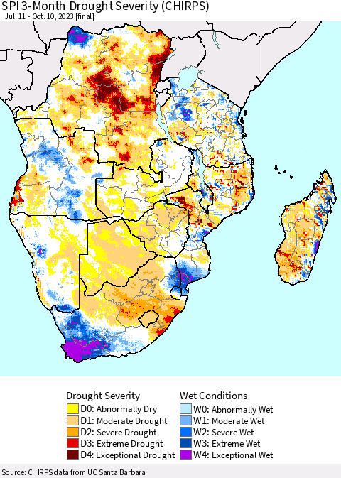 Southern Africa SPI 3-Month Drought Severity (CHIRPS) Thematic Map For 7/11/2023 - 10/10/2023