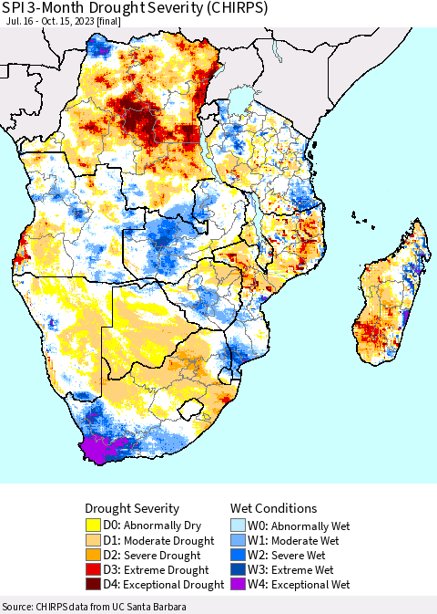 Southern Africa SPI 3-Month Drought Severity (CHIRPS) Thematic Map For 7/16/2023 - 10/15/2023