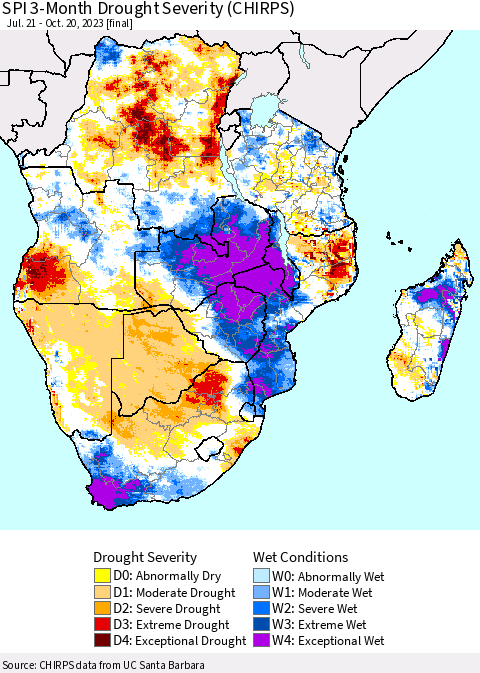 Southern Africa SPI 3-Month Drought Severity (CHIRPS) Thematic Map For 7/21/2023 - 10/20/2023