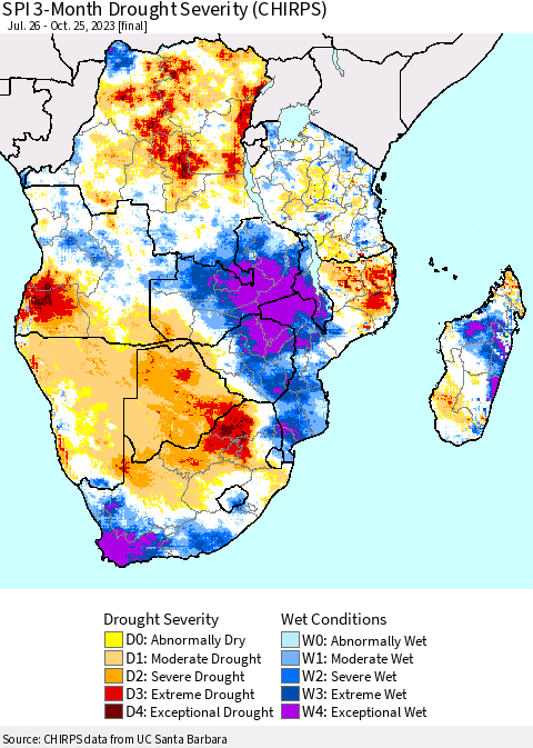 Southern Africa SPI 3-Month Drought Severity (CHIRPS) Thematic Map For 7/26/2023 - 10/25/2023